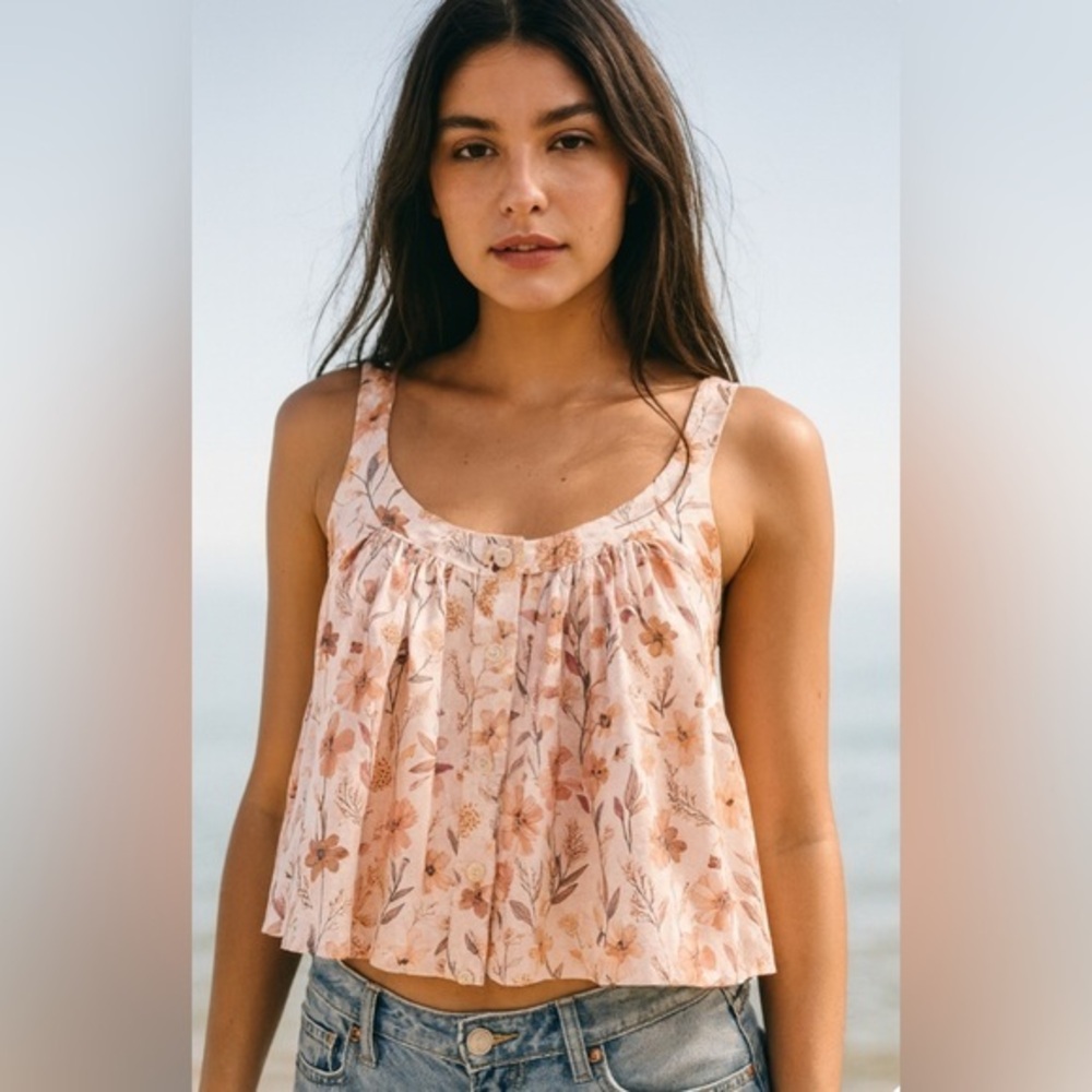 Raga Brown Peach Floral Button Front Blouse Crop Top NWT #1117